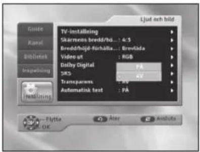 Guide Kancel Siblottak Insgesling TV-instelling Skärmenes bredd/hs... : 4:5 Bredd/hijgd-furbälts... : Brewlöda Video ut : RGB Delby Digital : PA SKS : AV Transparenes : PA Automatink text : PA Ljud och bild Flytta Aler Ardults OK