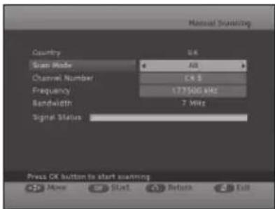 Manual Scanning Country Scan Mode 48 Channel Number CK 5 Frequency 17.7500 MHz Bandwidth 7 MHz Signal Status Press OK button to start scanning OK Start Refresh Exit