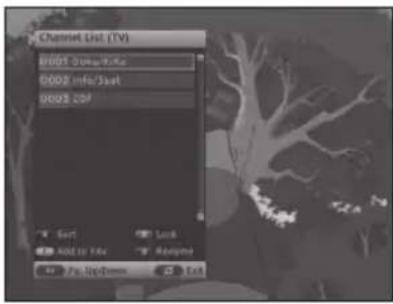 Channel List (TV) 0001 Dsgn/0Kx 0002 Info/Start 0002 00f Sort Send Add to File Remove Play Up/Down Exit