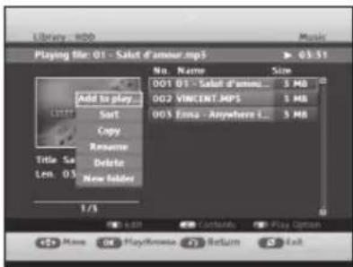 Library - MBD Music Playing file: 01 - Select d'amour.mp3 03:51 Add to play Sort Copy Rename Title: So Len: 03 Delete New folder No. Name Size 001 01 - Select d'amour: 5 MB 002 VINCENT-MPS: 5 MB 003 Euma - Anywhere L.: 5 MB 1/3 Play Options Name OK PlayWindow OK Return OK Exit