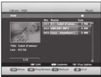 Library - RDD Add No. Name Size 001 01 - Salut d'ameur ... 5 MB 002 VINCENT MP3 ... 5 MB 005 Utica - Anywhere L... 5 MB Title Salut d'ameur Lem. 03.56 1/3 Edit Contents Play Option Move OK PlayBrowse Return Off Exit