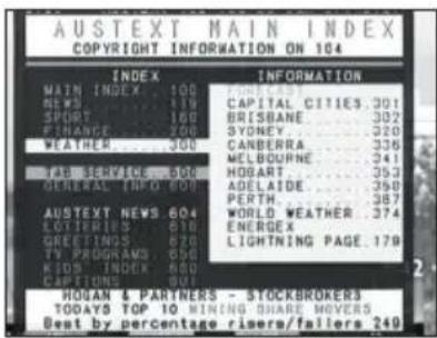 AUSTEXT MAIN INDEX COPYRIGHT INFORMATION ON 104 INDEX INFORMATION MAIN INDEX 100 NEWS 119 SPORT 160 FINANCE 200 WEATHER 300 LAB SERVENS 500 GENERAL INDEX 600 AUSTEXT NEWS 604 LOTTERIES 610 GREETINGS 670 TV PROGRAMS 650 KIDS INDEX 800 CAPTIONS 900 CAPITAL CITIES 301 BRISBANE 302 SYDNEY 320 CANBERRA 336 MELBOURNE 341 HOSART 353 ADELAIDE 390 PERTH 387 WORLD WEATHER 374 ENERGEX LIGHTNING PAGE 179 HOGAN & PARTNERS - STOCKBROKERS TODAY'S TOP 10 MINING SHARE MOVERS Best by percentage risers/fallers 249