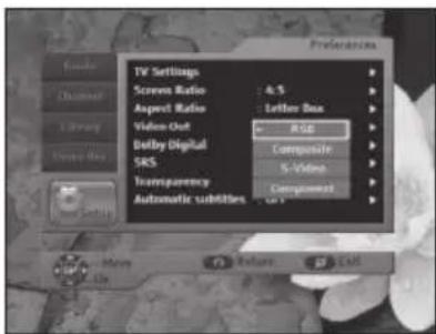 TV Settings Screen Ratio : 4.5 Aspect Ratio : Letter Box Video Out : RGB dBay Digital : Composite SRS : 5-Video Transparency : Composite Automatic subtilies : On Y Preferences