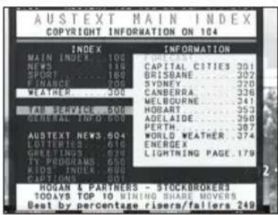 AUSTEXT MAIN INDEX COPYRIGHT INFORMATION ON 104 INDEX INFORMATION MAIN INDEX...106 CAPITAL CITIES 301 NEWS...119 BRISBANE 302 SPORT...180 SYDNEY 320 FINANCE...205 CANBERRA 336 WEATHER...300 MELBOURNE 341 FIL SERVICE...500 HOBART 353 GENERAL INDEX...500_ADELAIDE 360 PERTH...387 'AUSTEXT NEW3.604 WORLD WEATHER 374 LOTTERIES...610_ENERGEX GREETINGS...620_LIGHTING PAGE 179 TY PROGRAMS...650 KIDS INDEX...680 CAPTIONS...500 HOGAN & PARTNERS - STOCKBROKERS TODAYS TOP 10 WINING SHARE MOVERS Best by percentage risers/fallers 249