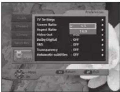 TV Settings Screen Ratio 6.5 Aspect Ratio 16.9 Video Out Delay Digital : OFF SRS : OFF Transparency : OFF Automatic subtitles : OFF