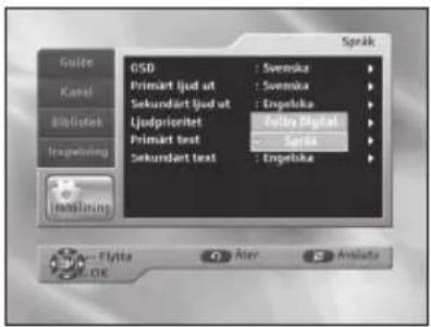 Guide Kanal Bibliotek Insgesbning GSD : Svenska Primärät ljud ut : Svenska Sekundärät ljud ut : Engeleska Ljodprienitet : Fälla Digital Primärät text : Språs Sekundärät text : Engeleska Språk Immlering Flyta Ater Amalate OK
