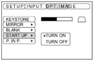 SETUP INPUT OPTIMAGE KEYSTONE MIRROR BLANK START UP P. IN P. TURN ON TURN OFF