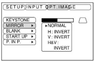 SETUP INPUT OPT IMAGE KEYSTONE MIRROR BLANK START UP P. IN P. NORMAL H: INVERT V: INVERT H&V: INVERT