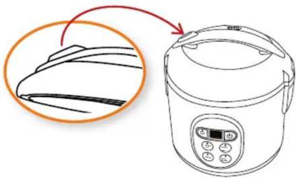 Diagram showing a cooking process step with a rice cooker and kitchen appliance, annotated with an orange circle highlighting the step.