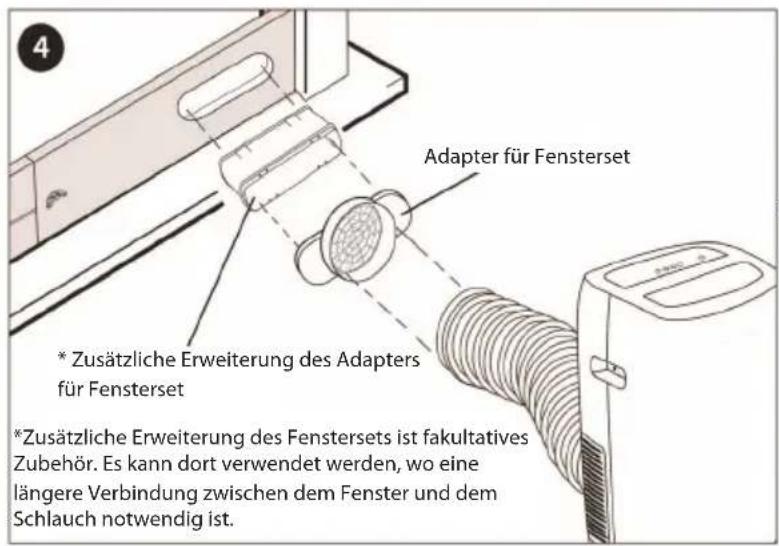Adapter für Fensterset * Zusätzliche Erweiterung des Adapters für Fensterset * Zusätzliche Erweiterung des Fenstersets ist fakultatives Zubehör. Es kann dort verwendet werden, wo eine längere Verbindung zwischen dem Fenster und dem Schlauch notwendig ist.