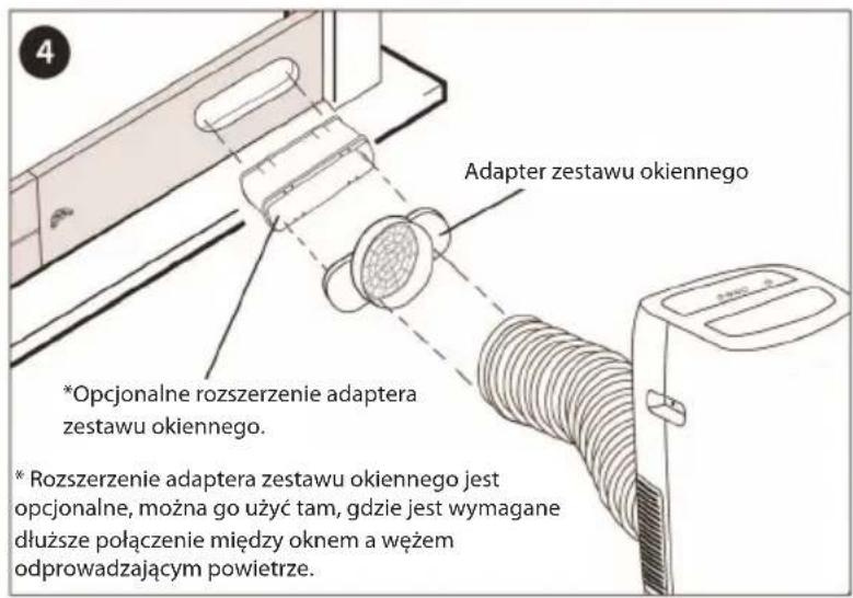 Adapter zestawu okiennego *Opcjonalne rozszerzenie adaptera zestawu okiennego. * Rozszerzenie adaptera zestawu okiennego jest opcjonalne, można go użyć tam, gdzie jest wymagane dłuższe połączenie między oknem a wężem odprowadzającym powietrze.