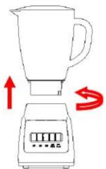 Diagram showing a blender with red arrows indicating rotation or motion, and a digital timer displaying four buttons below.
