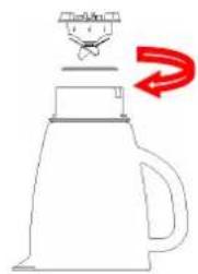 Diagram showing a container with a funnel and a red arrow indicating flow or direction, possibly illustrating a process or manufacturing process.