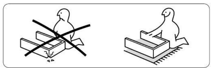 Two illustrations of birds on a platform, one with a cross and the other with a bird (no text or symbols)