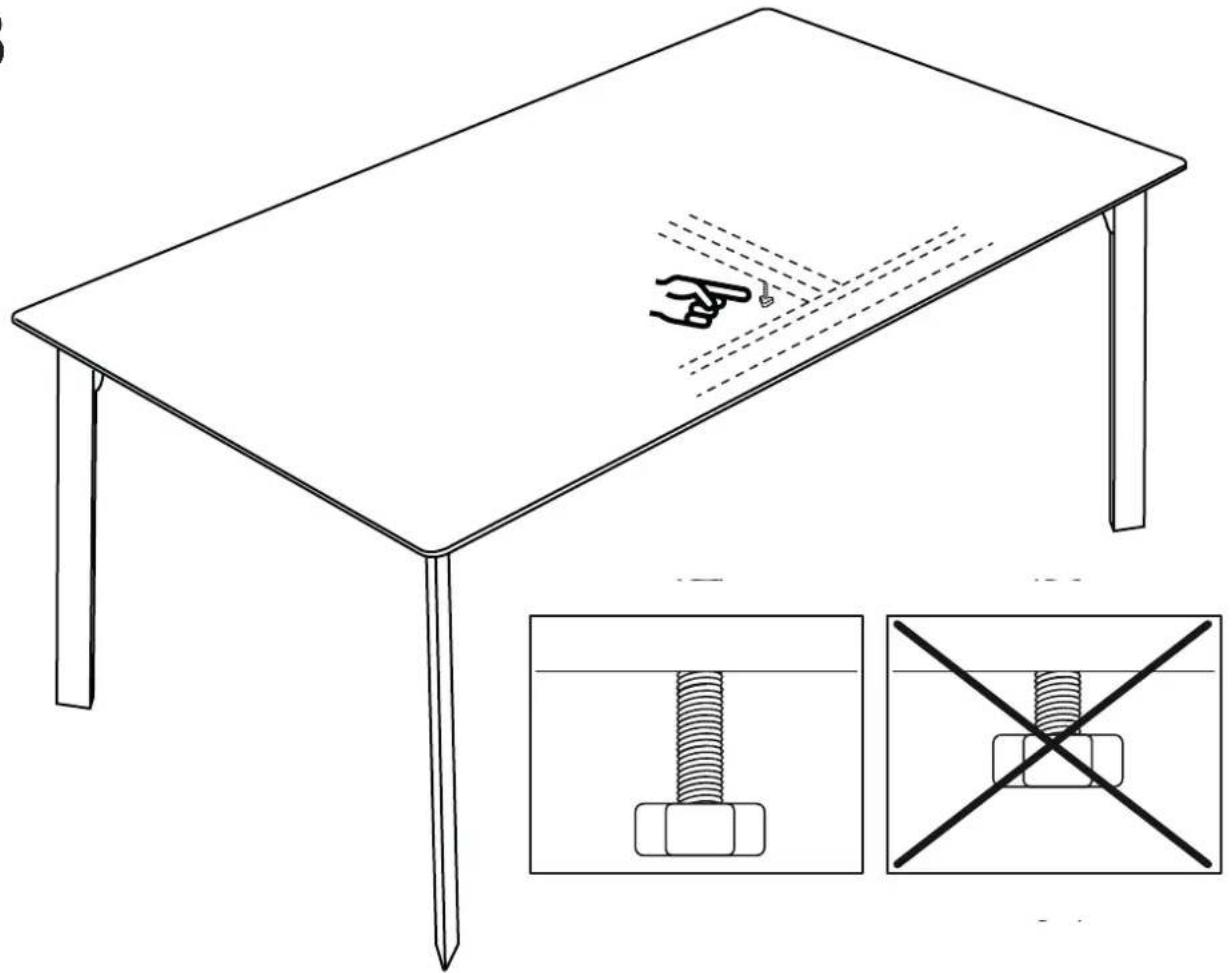 Technical diagram showing a table with a hand gesture and a cross-section of a bolt, including an inset view of the bolt being inserted.