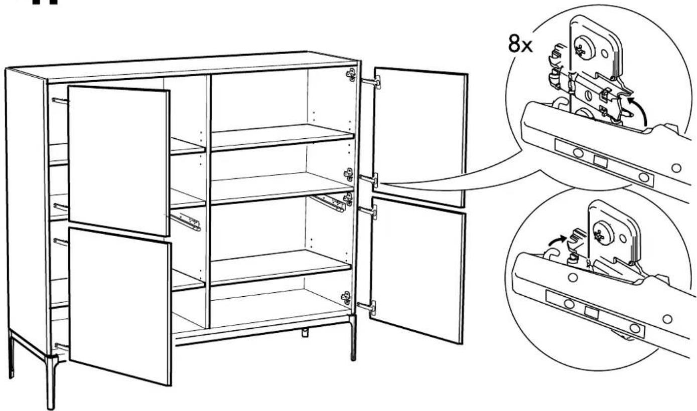 Technical diagram showing a cabinet with open doors and internal components, including 8x magnified views of the assembly.