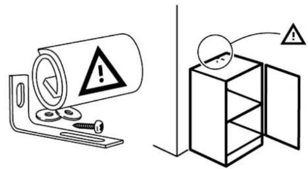 Safety warning illustration showing a cylindrical device with warning symbol and a cabinet with open door, indicating hazard or hazard.