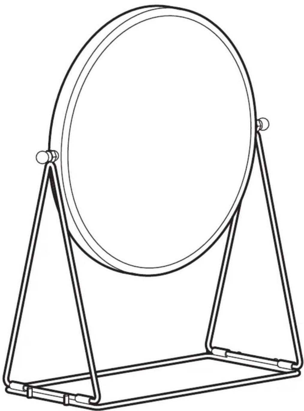 Line drawing of a circular mirror mounted on a triangular stand (no text or symbols)