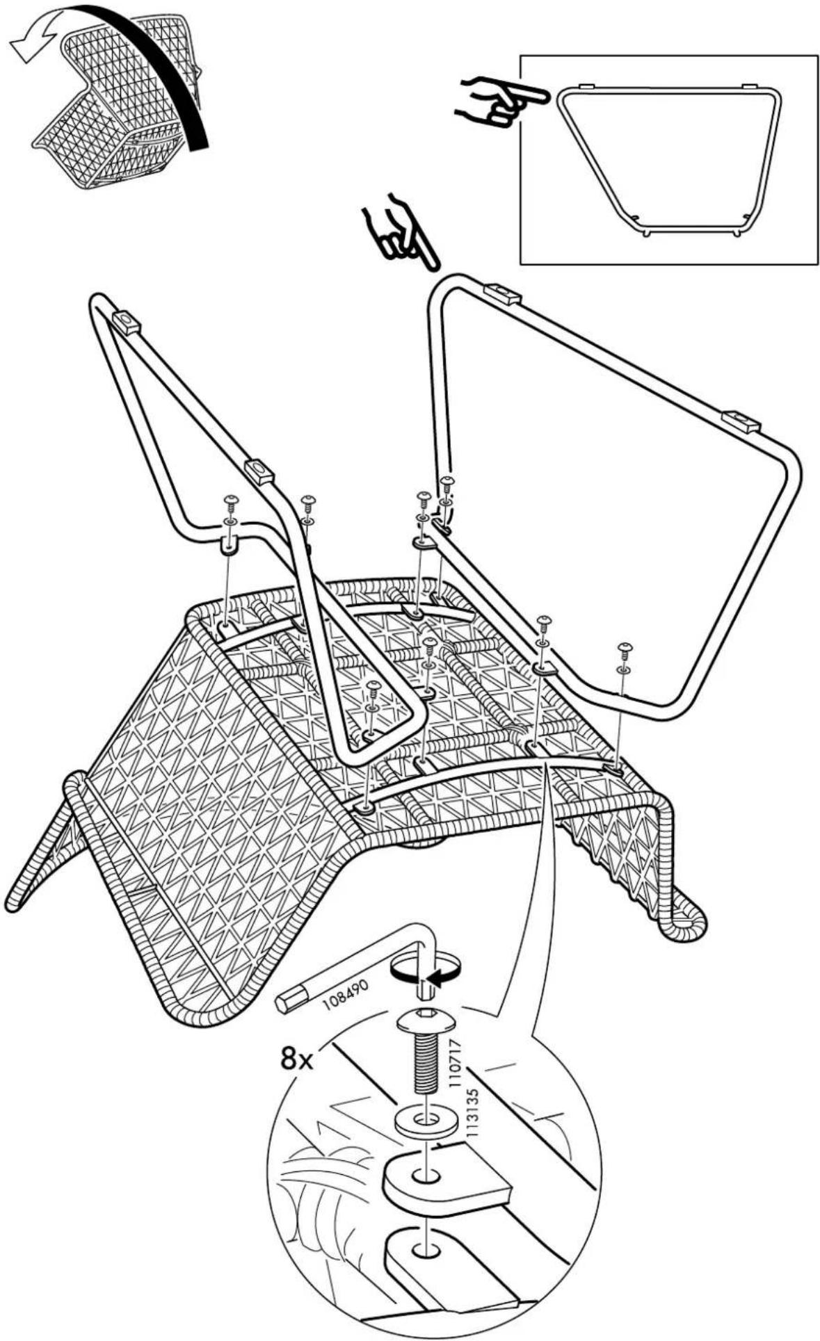 Technical diagram of a bicycle seat assembly with labeled parts and dimensions, including wire mesh basket, bracket, and 8x magnified view.