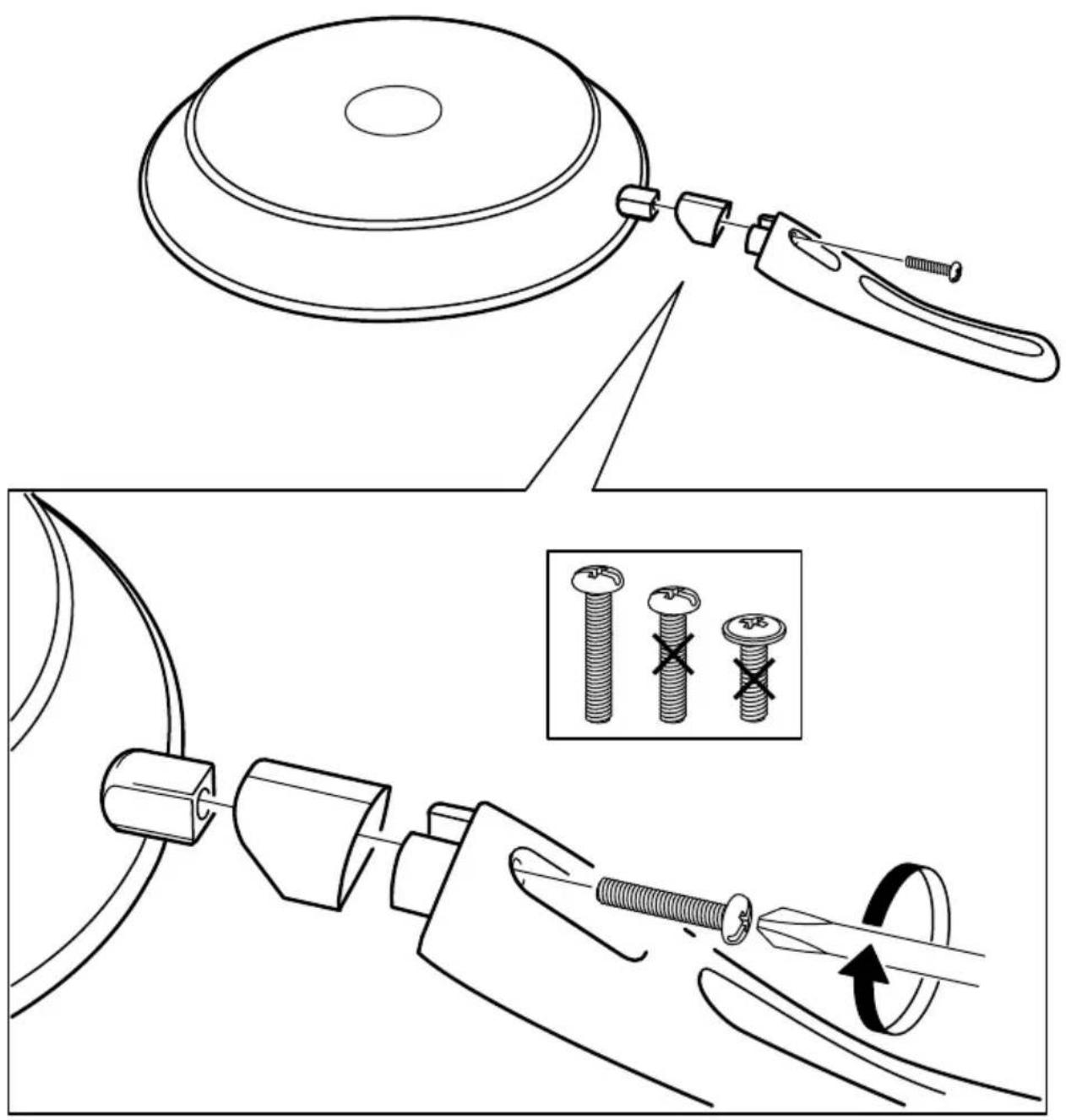 Technical diagram illustrating a mechanical assembly process with labeled parts and a magnified inset showing three bolted components.
