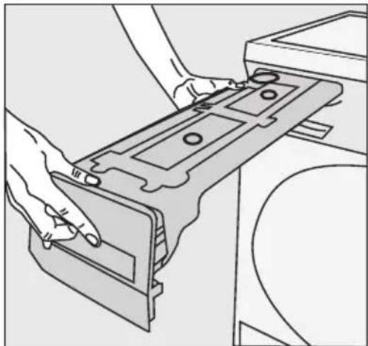 Line drawing of hands installing or adjusting a mechanical component on a machine, no text or symbols visible.