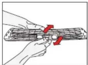 Illustration of hands holding a cylindrical object with red arrows indicating force or movement (no text or symbols)