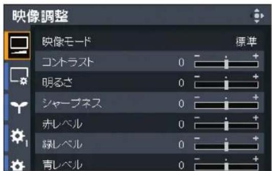 映像調整 映像モード コントラスト 0 - 明るさ 0 - シャープネス 0 - 赤レベル 0 - 緑レベル 0 - 青レベル 0 - + - +