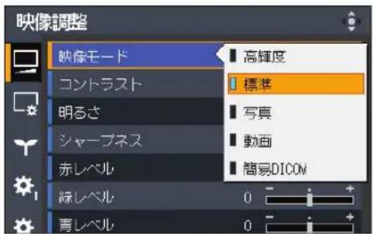 映像調整 映像モード コントラスト 明るさ シャープネス 赤レベル 緑レベル 青レベル 高輝度 標準 写真 動画 簡易DICOM 0 - + - 0 - + -