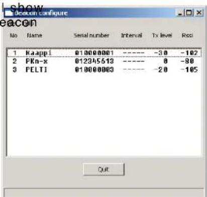 show deacon configure eacon No Name Serial number Interval Tx level Rssi 1 Ka-app1 010000001 ---- -30 -102 2 PKn-x 012345613 ---- 0 -80 3 PELTI 010000003 ---- -20 -105 Quit