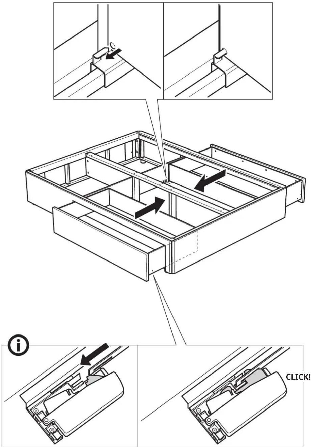 Technical diagram illustrating a mechanical assembly with labeled steps and instructions, including a click button.