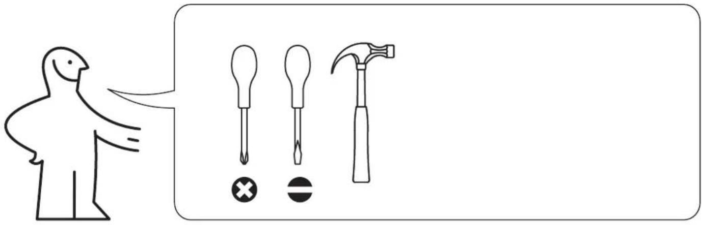 Illustration showing a person pointing to three different types of screwdrivers: a hammer, a screwdriver with cross mark, and a hammerhead.