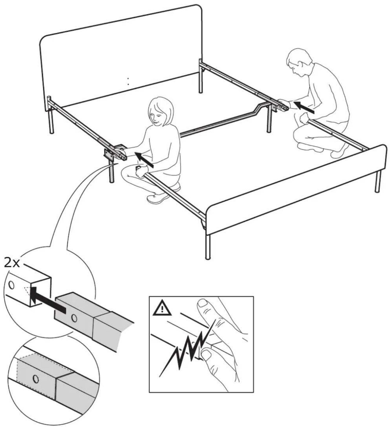 Diagram illustrating a child using a bed to adjust the height of a device, with magnified views showing electrical hazard and safety warning.