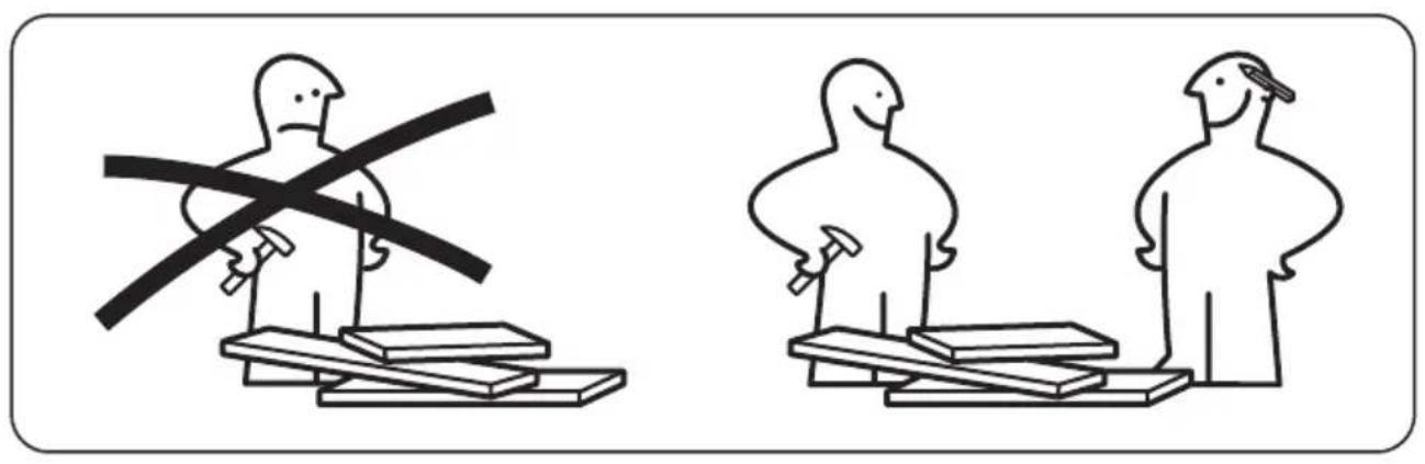 Illustration showing two figures with crossed-out bars, one standing on a platform and the other holding a hammer, symbolizing opposition or resistance.