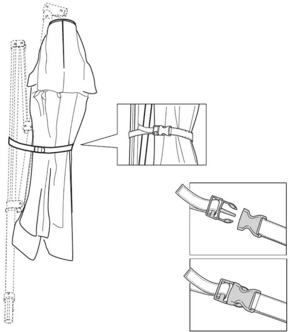 Technical diagram showing garment collar and buckle assembly with close-up details of detail