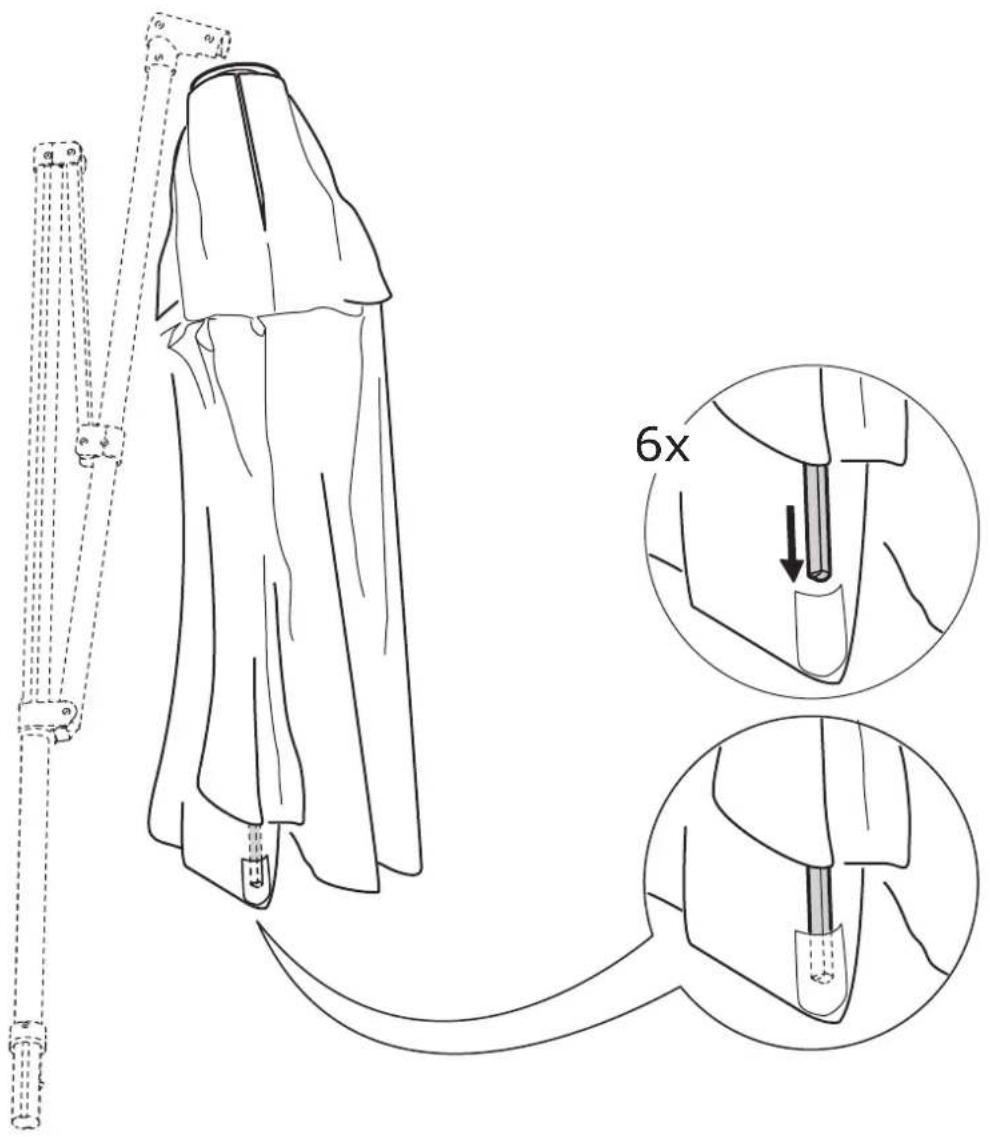 Technical diagram illustrating garment construction steps with labeled components and 6x magnified detail