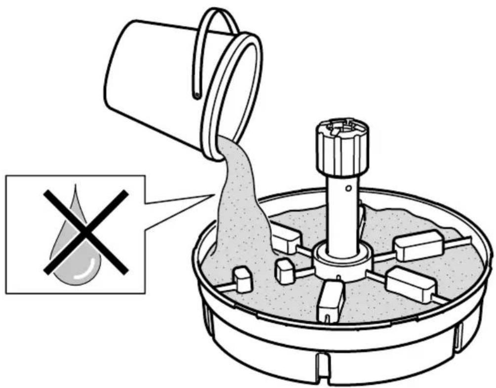 Diagram illustrating a mechanical or cleaning process with a bucket pouring liquid into a container, accompanied by an instructional icon and a 'X' symbol.