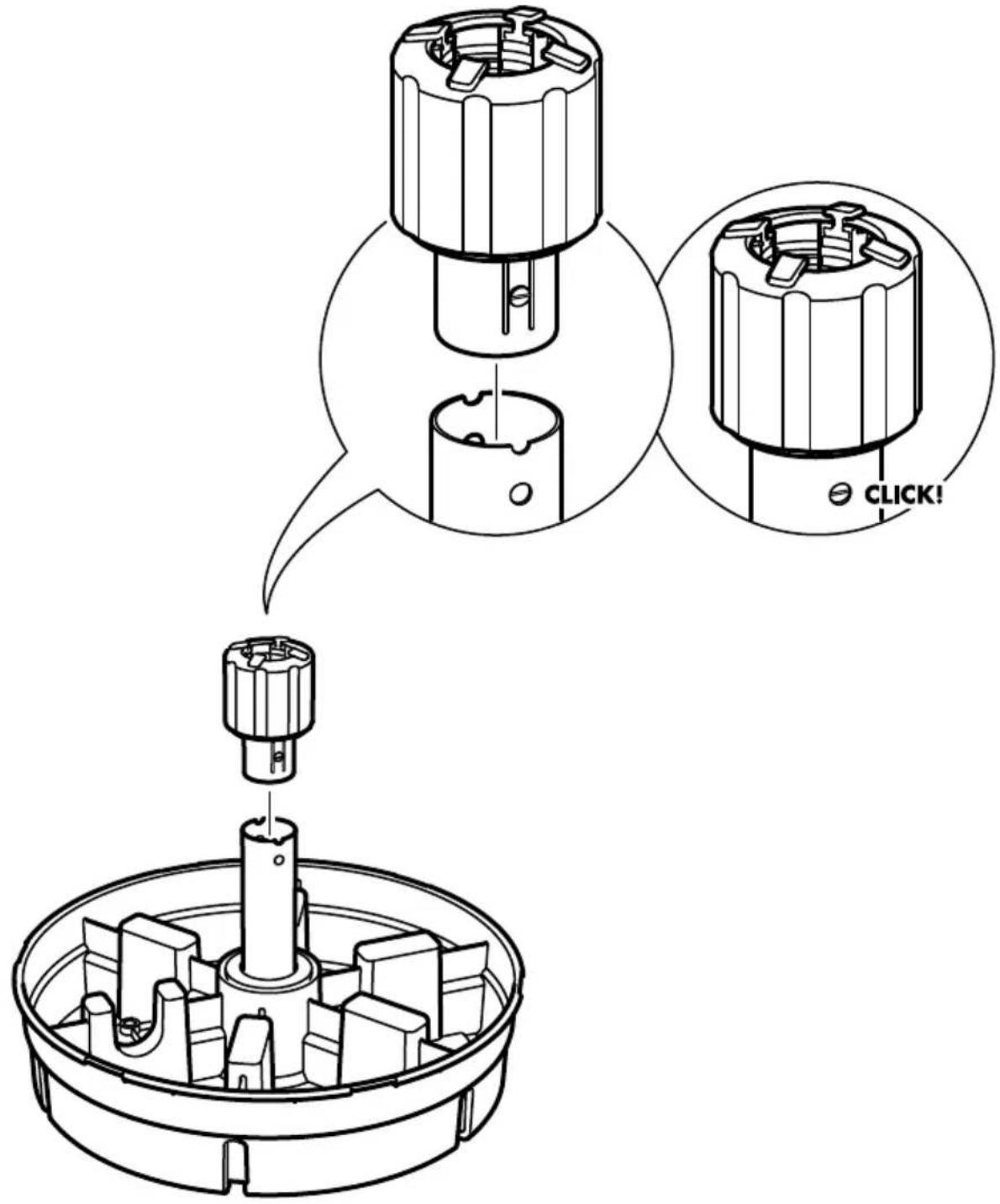 Technical diagram showing assembly of a mechanical component with exploded view and callout instruction 'CLICK!'