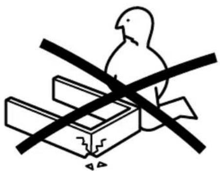 Simple line drawing of a bird perched on a box with two crossed lines, no text or symbols present.