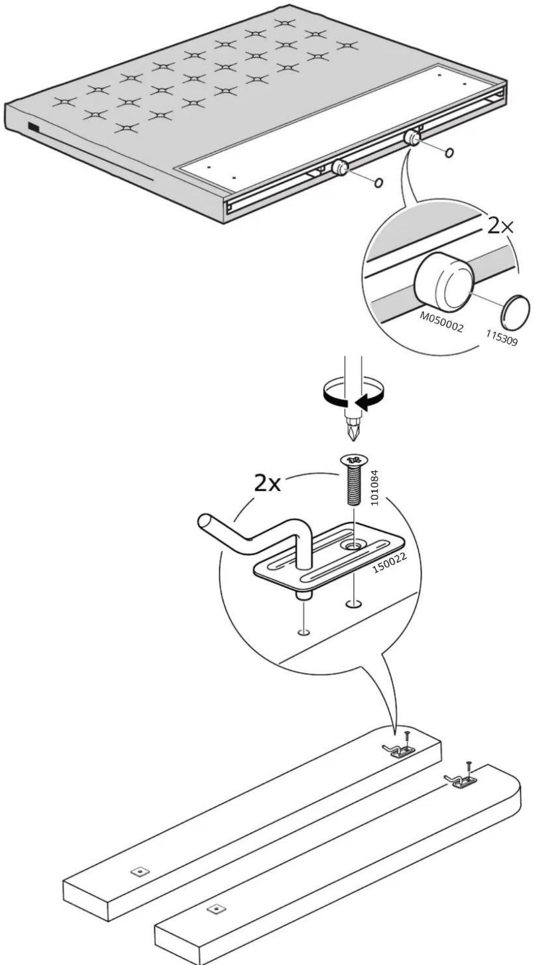 Technical diagram showing assembly steps of a device with labeled parts and 2x magnified views for mechanical assembly.