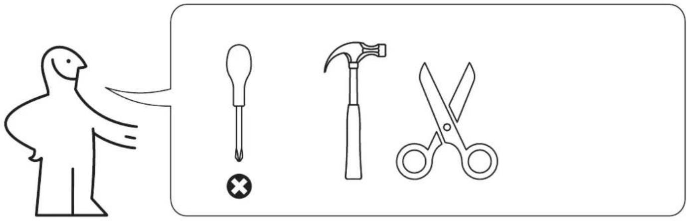 Illustration showing a person using a tool to cut a screwdriver, a hammer, and scissors with corresponding icons.