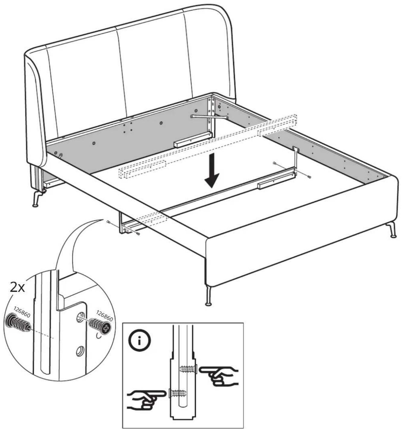 Technical diagram of a bed assembly with labeled parts and 2x magnified detail showing internal components and adjustment arrows.