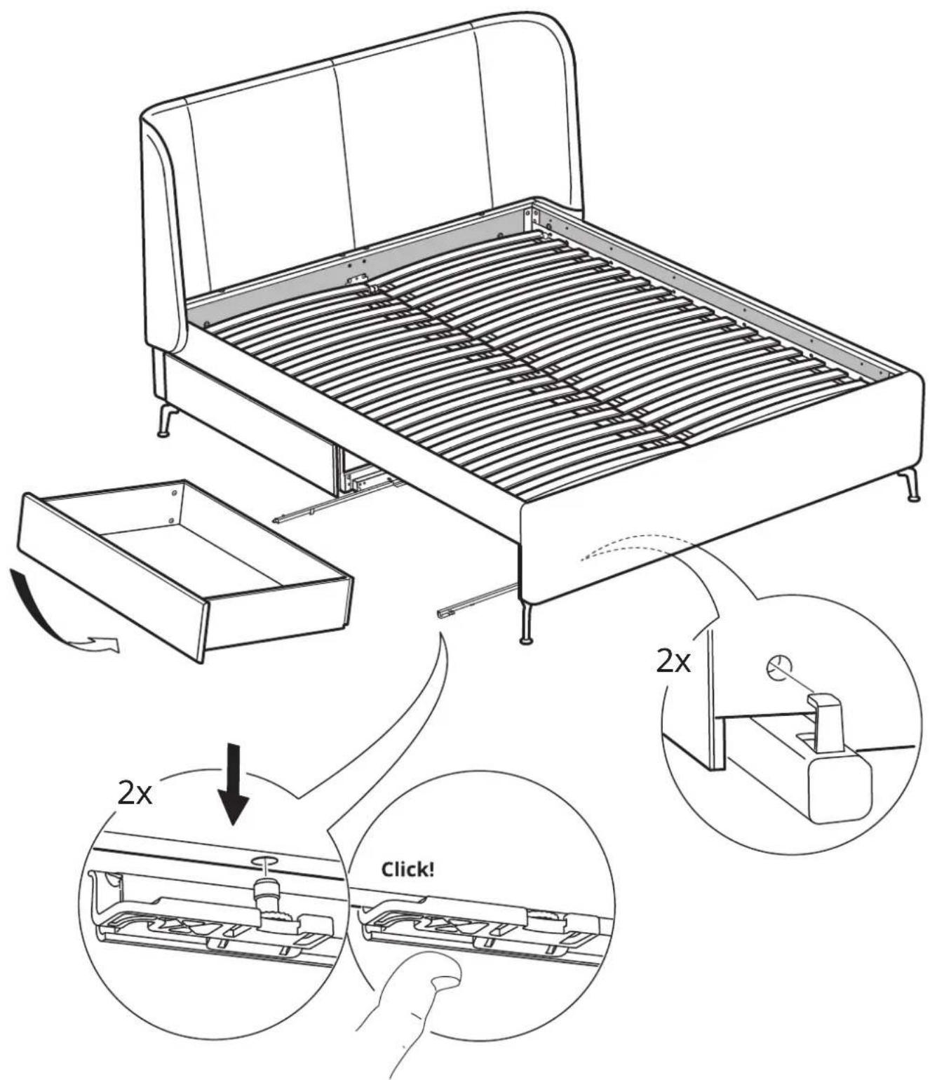 Technical diagram illustrating a bed rack setup with 2x and 2x magnified views showing internal components and a hand gesture.