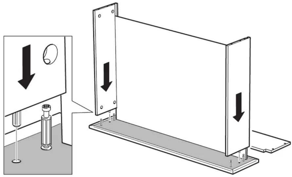 Technical diagram showing a mechanical assembly with downward force arrows and a circular component, likely illustrating a lifting or mounting process.