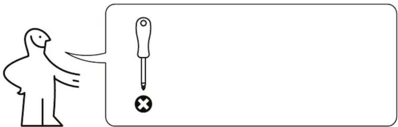 Illustration showing a person pointing at a screwdriver with an exclamation mark, next to a blank rectangular box.
