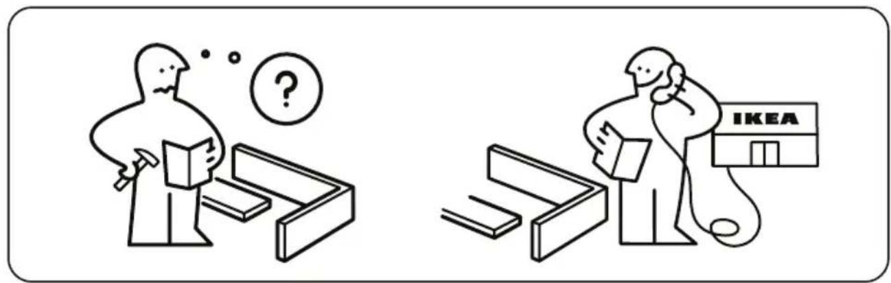 Illustration showing two scenes: one with a person examining documents and a question mark, the other with a person using a phone to interact with an IKEA store.