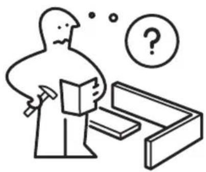Simple line drawing of a person with a hammer and book, thinking, next to a question mark (no text or symbols)