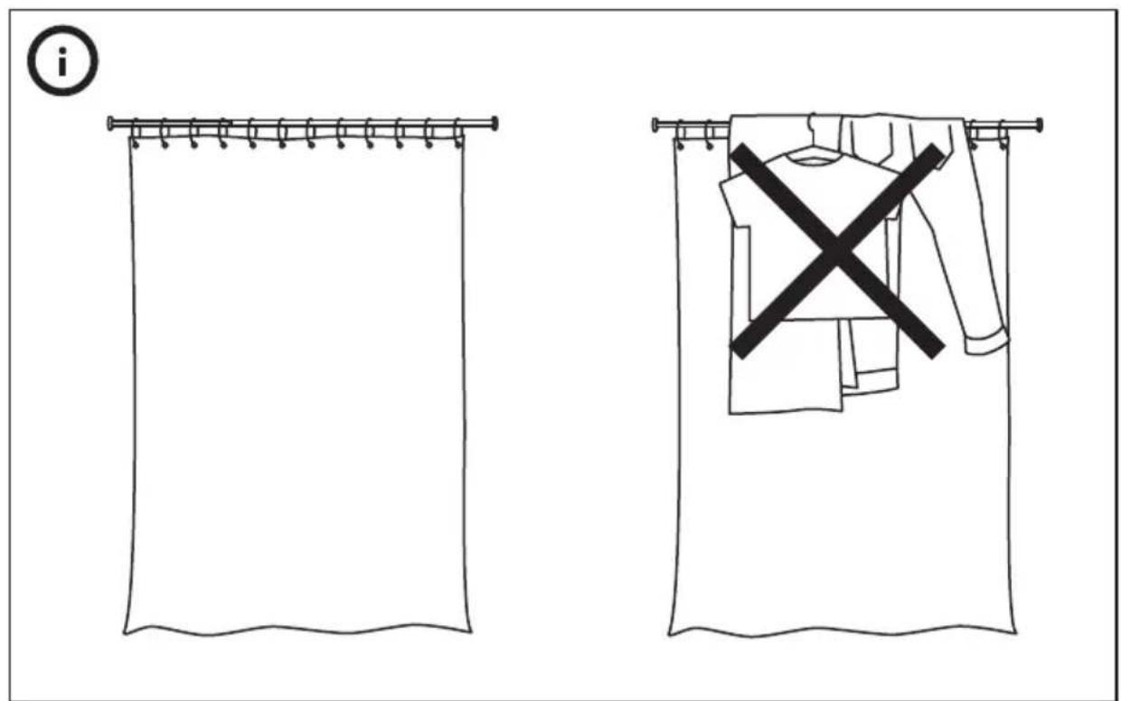 Diagram showing two clothing hanging on racks, one marked with a circle and the other with a crossed-out shirt.