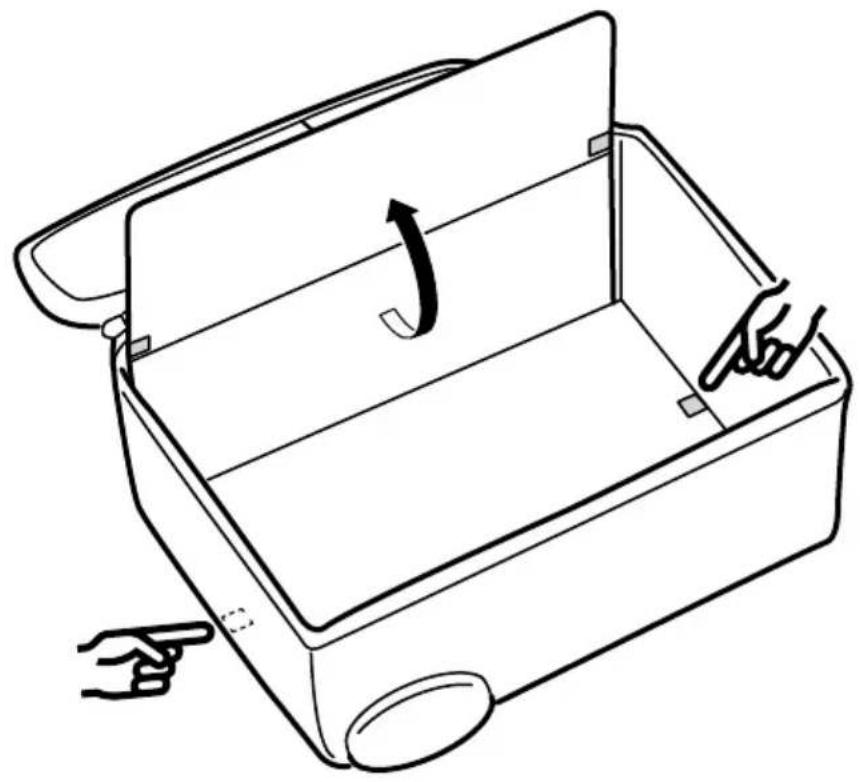 Line drawing of a box with arrows indicating movement or force, and a pointing hand symbolizing action.