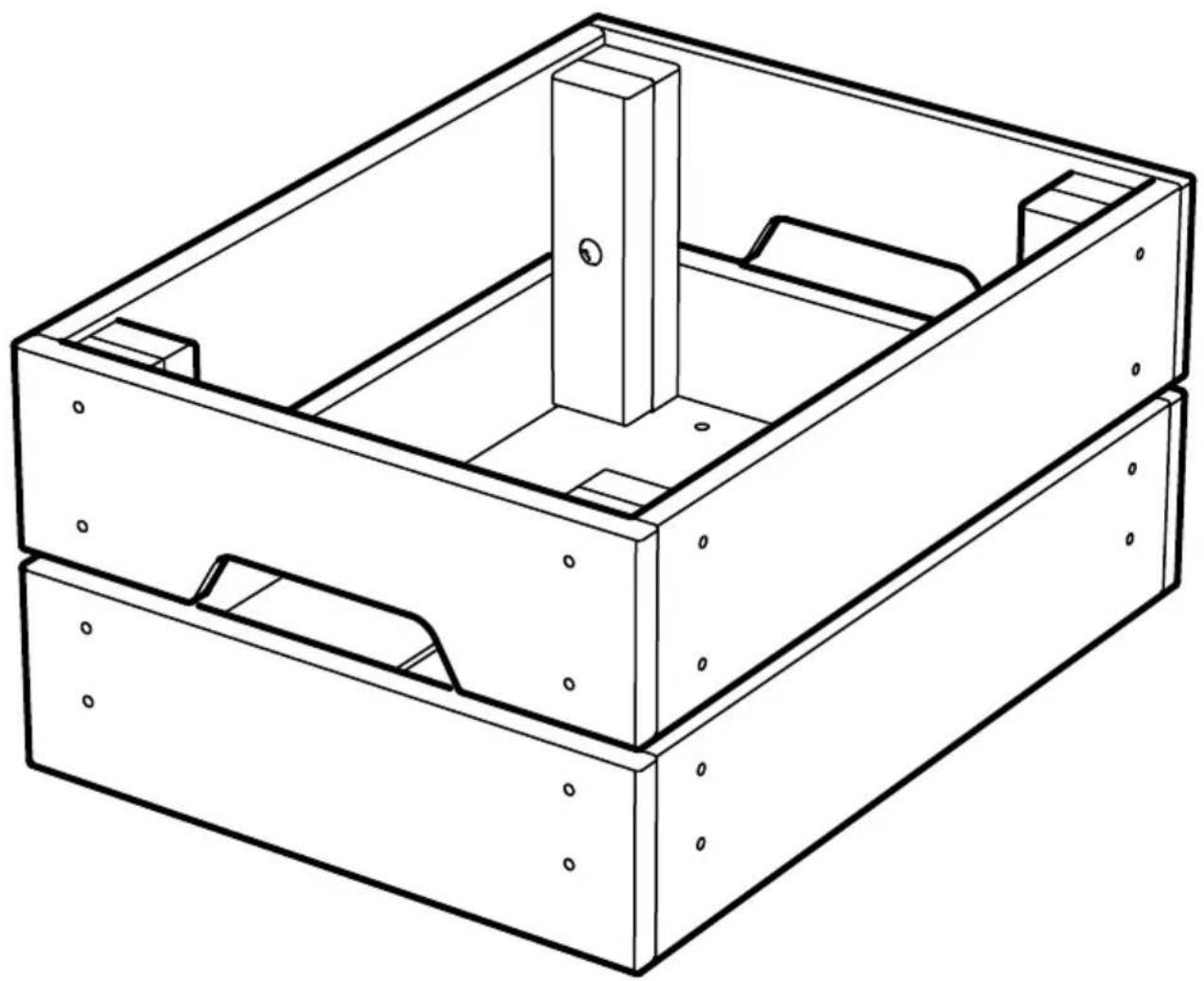 Technical line drawing of a rectangular mechanical housing with internal components and mounting holes (no text or symbols)