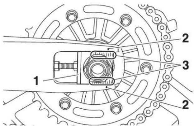 Technical diagram of a mechanical assembly with labeled parts 1, 2, and 3
